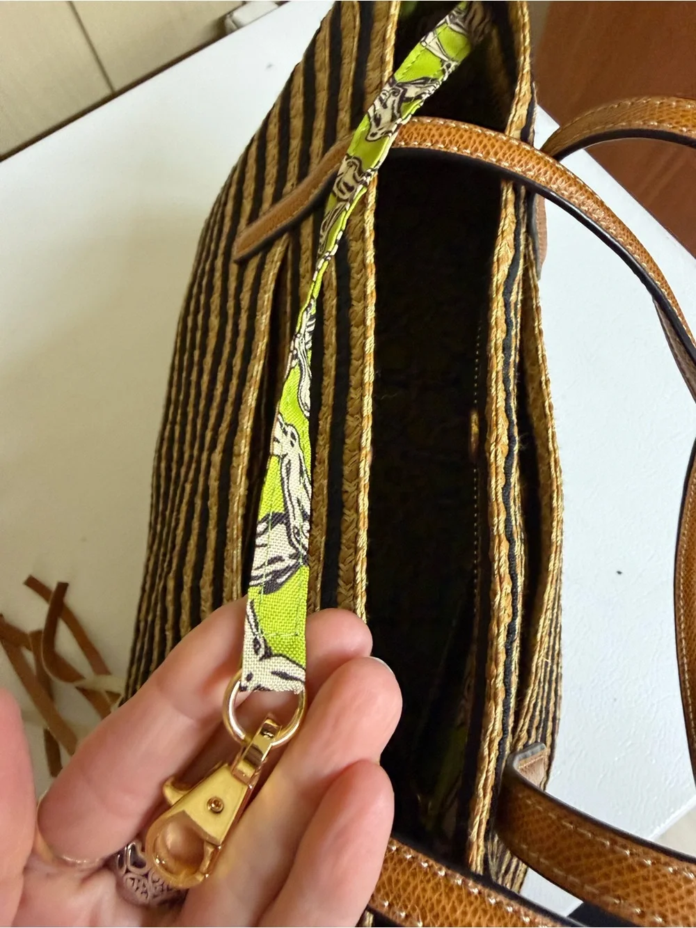 Eric Javitś Striped Natural Straw Tote Bag with Tan Trim